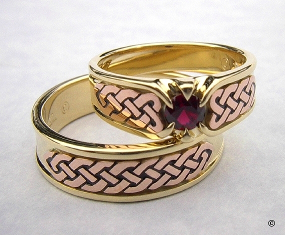 Yellow and Rose Gold Heart Celtic Shield Wedding Set, with a flush set .50ct Ruby
